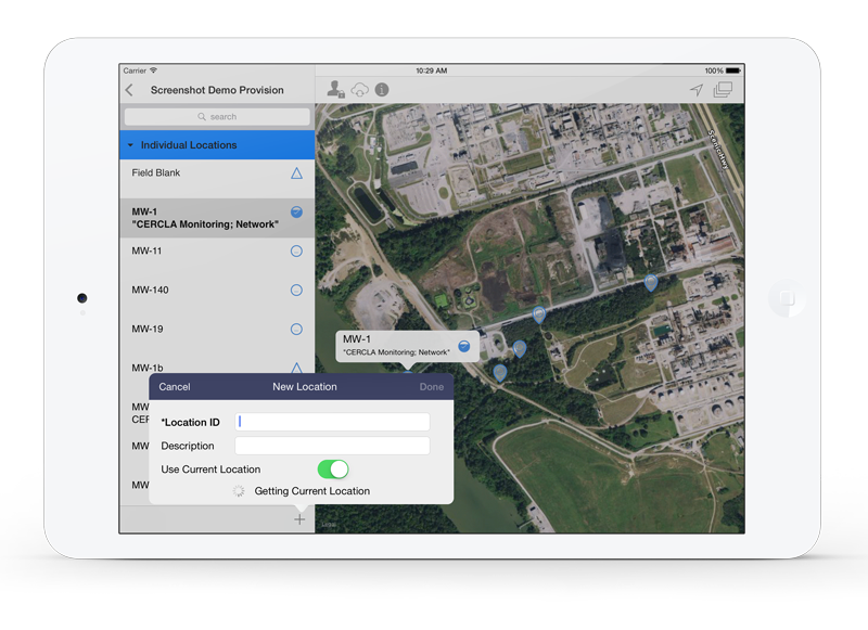 Screenshot of Locus Mobile on iPad Air with adhoc location features