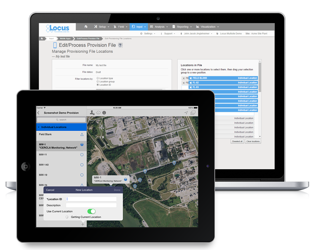 Screenshots of Locus EIM environmental data management software and Locus Mobile app with adhoc locations