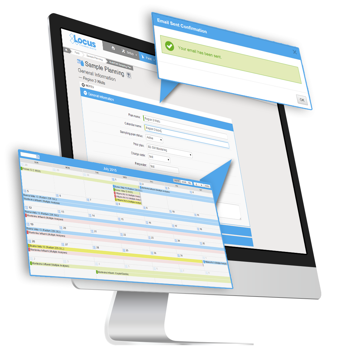 Locus sample planning module with configurable calendars and email notifications