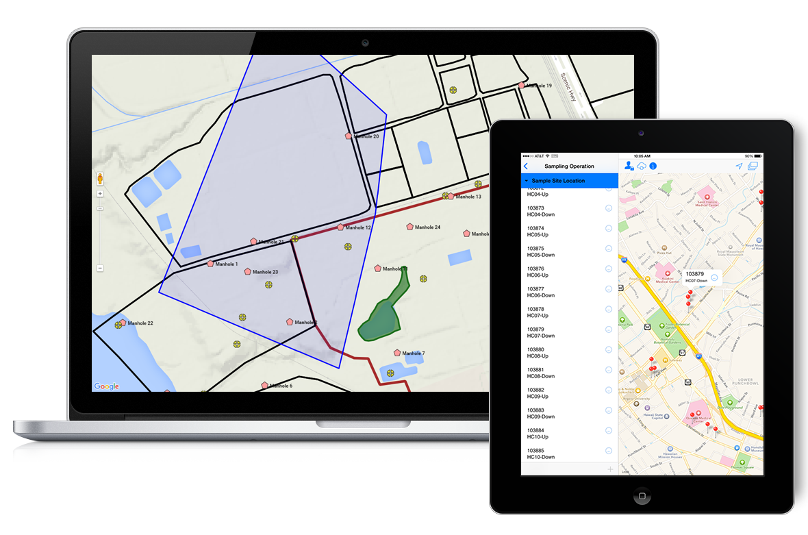 Screenshot of GIS application showing polygon query and mobile field data collection on iPad