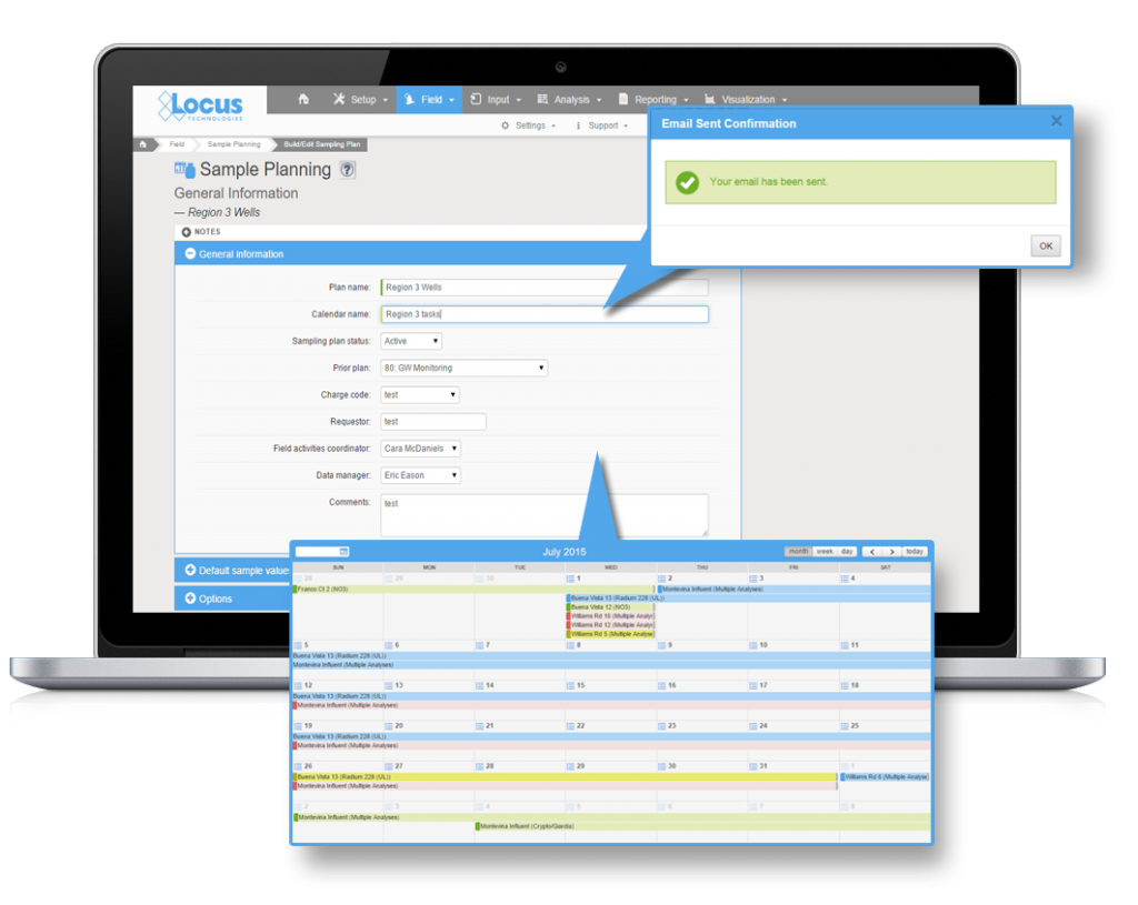 EIM screenshot of sample planning edit form with email notification and calendars popouts