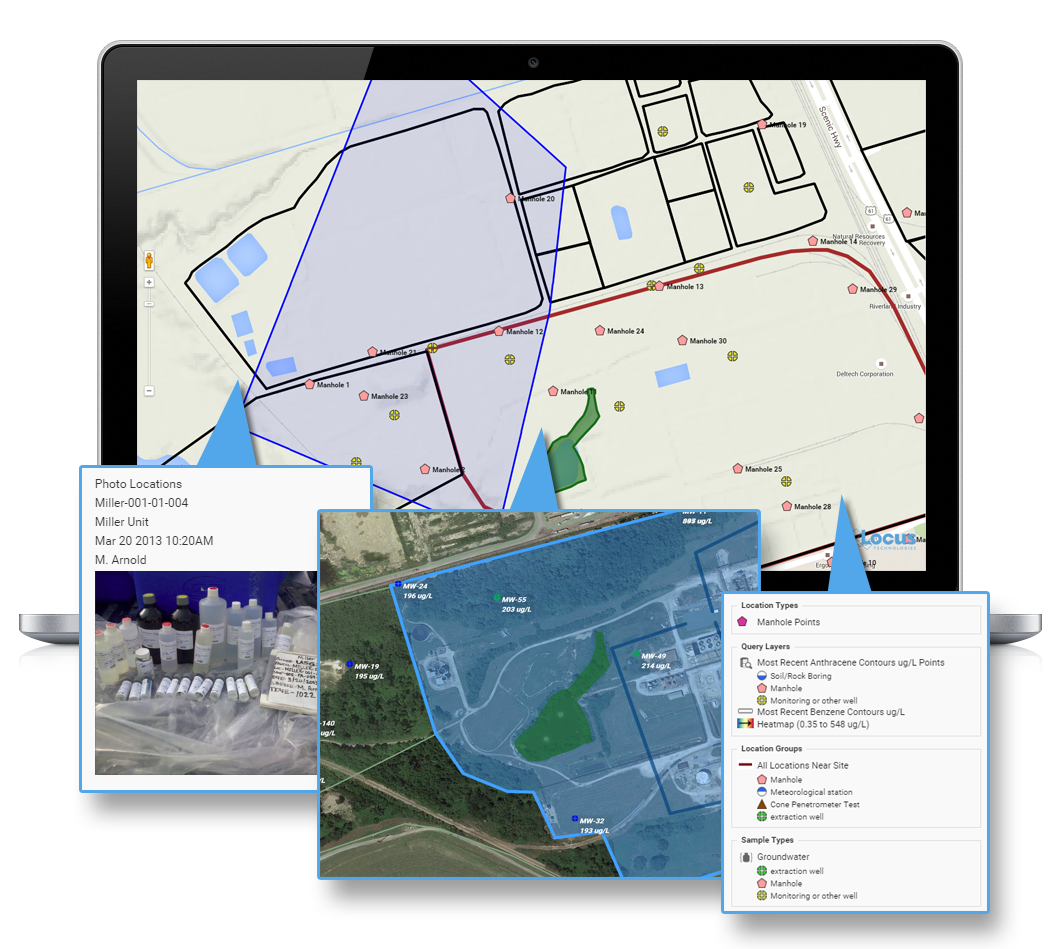 Screenshot of Locus GIS for environmental management on laptop with polygon queries
