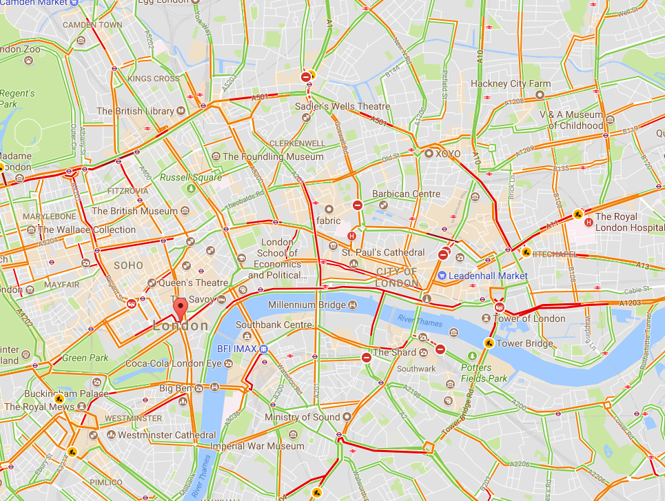 Traffic conditions in London, 3:30 pm 10/16/2017, from Google Maps