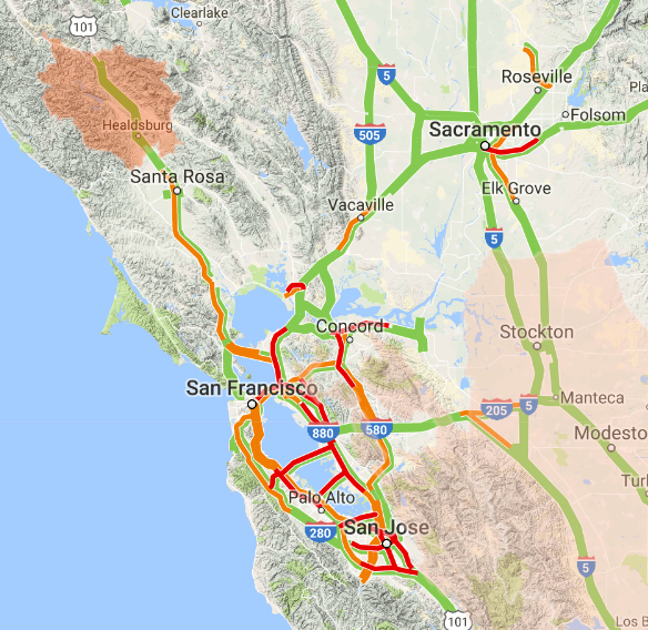 Map showing wildfire and traffic conditions in northern California, 10/16/2017