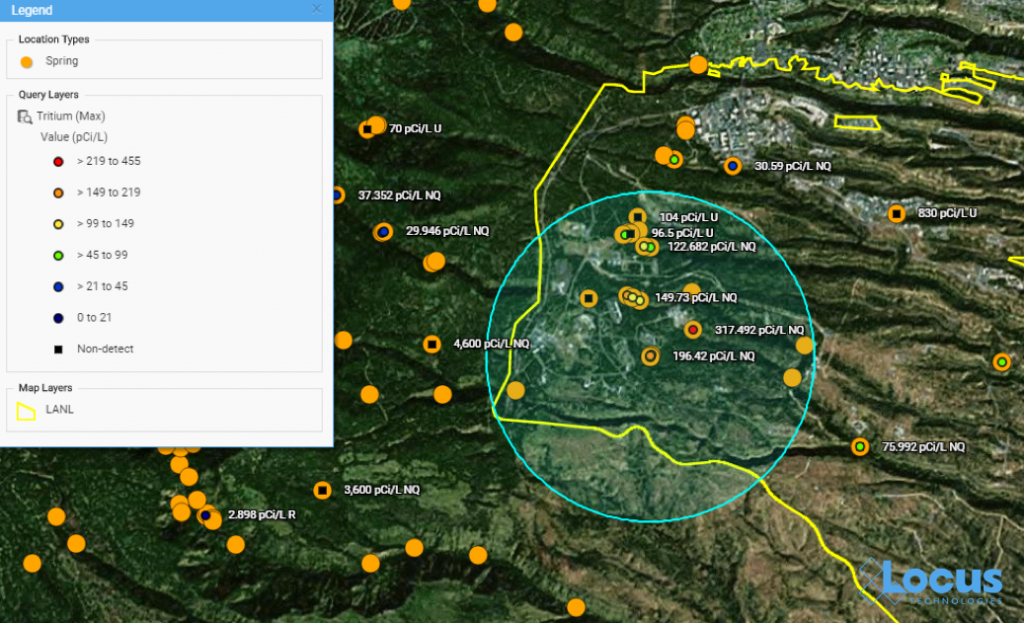 Intellus GIS screenshot of tritium concentrations near LANL Los Alamos, NM