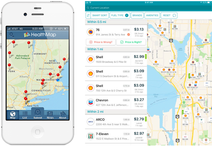 The Outbreaks Near Me app for phones (left) and the GasBuddy app for tablets (right)