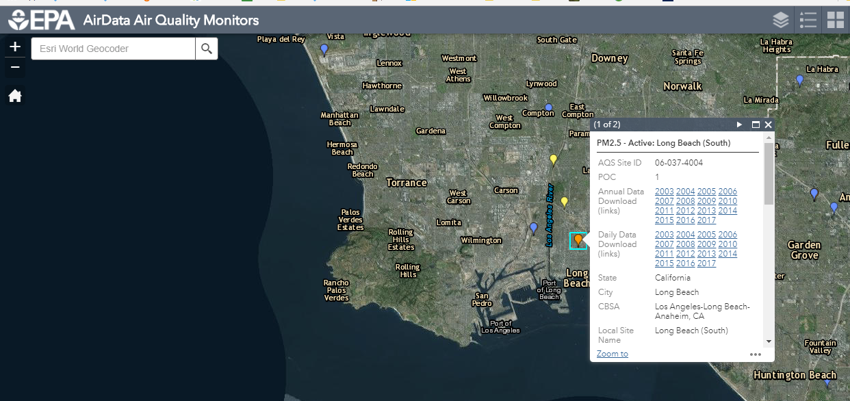 Screen capture of air quality data from US EPA AirData GIS app