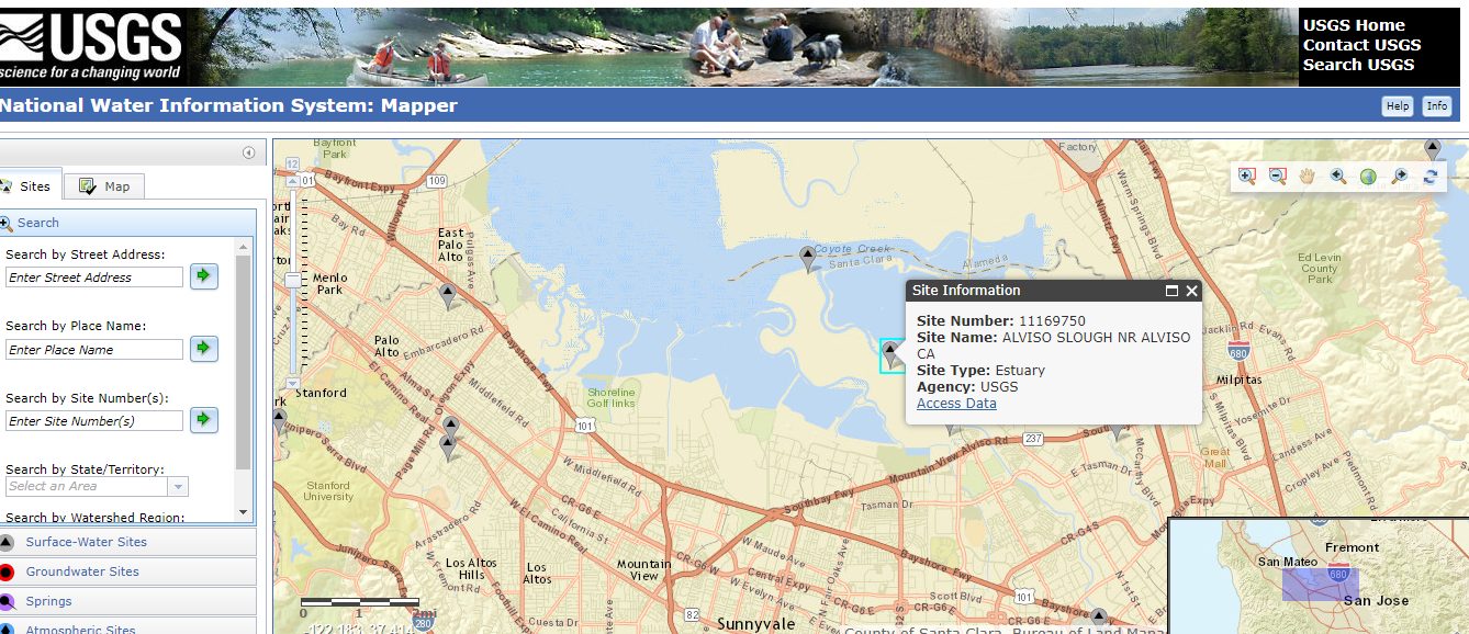 Screen capture of USGS National Water Information System interactive GIS map tool